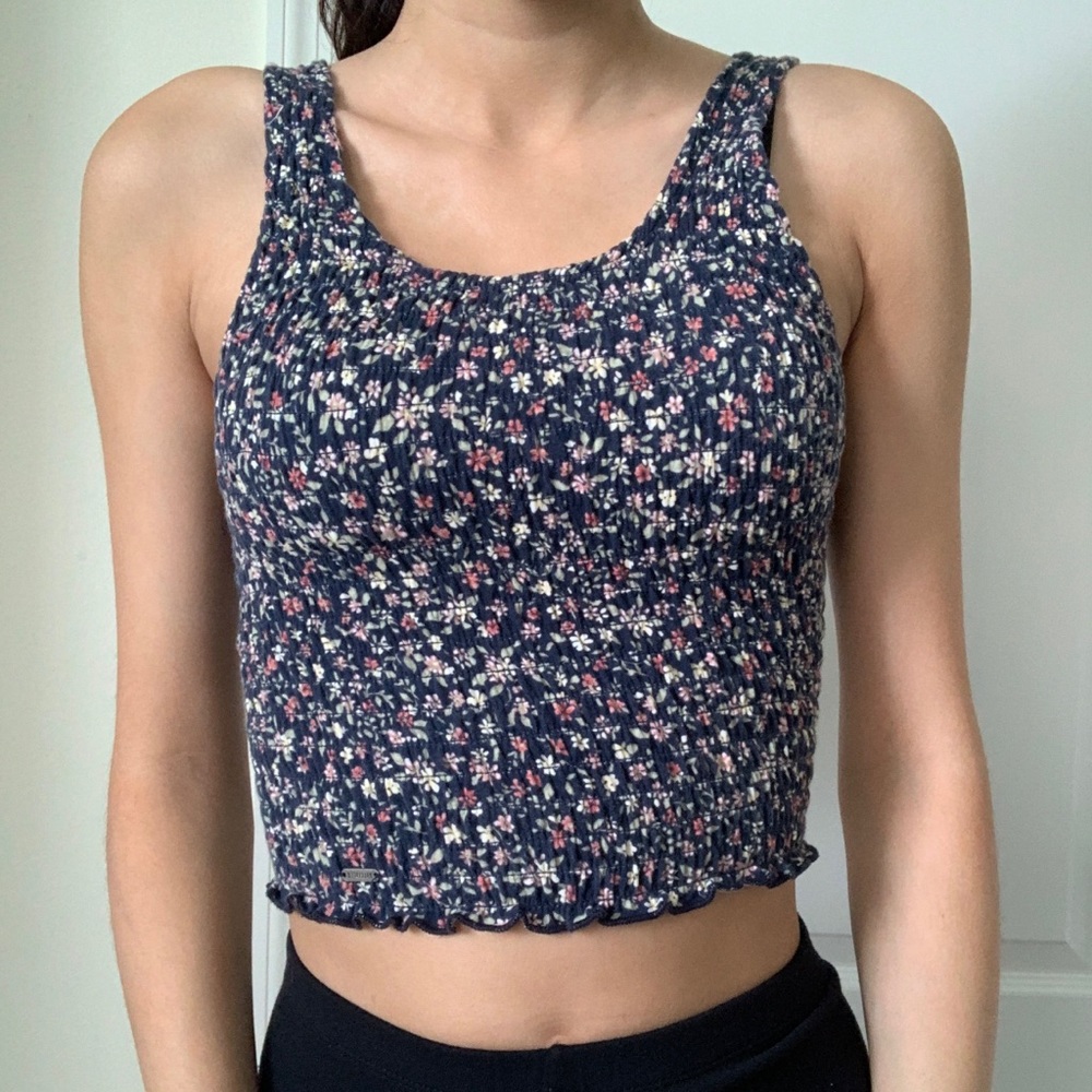 Hollister Navy Floral Shirred Cami Lettuce Trim XS